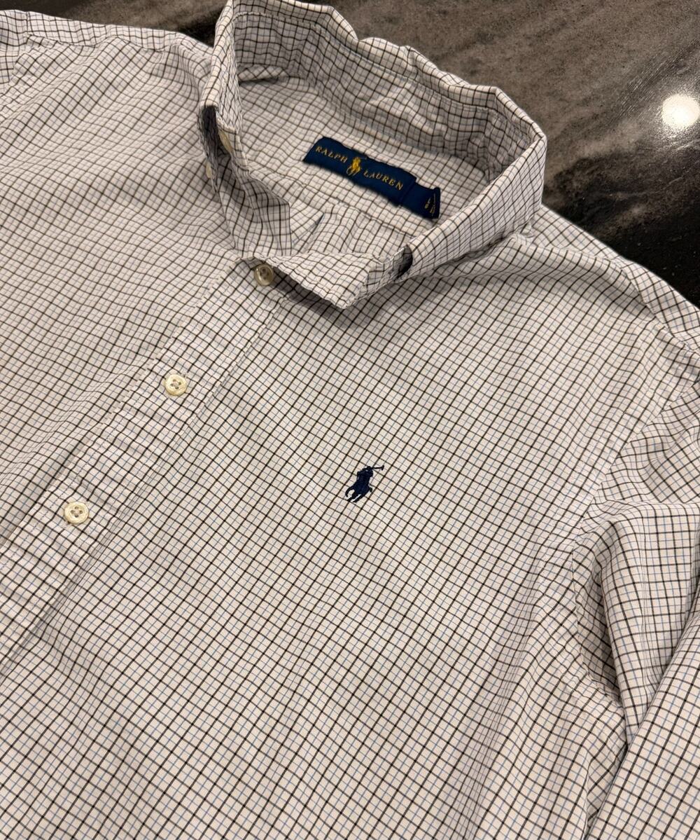 Ralph Lauren Mens L White Navy Blue Mini Check Oxford Button Down Pony Shirt
